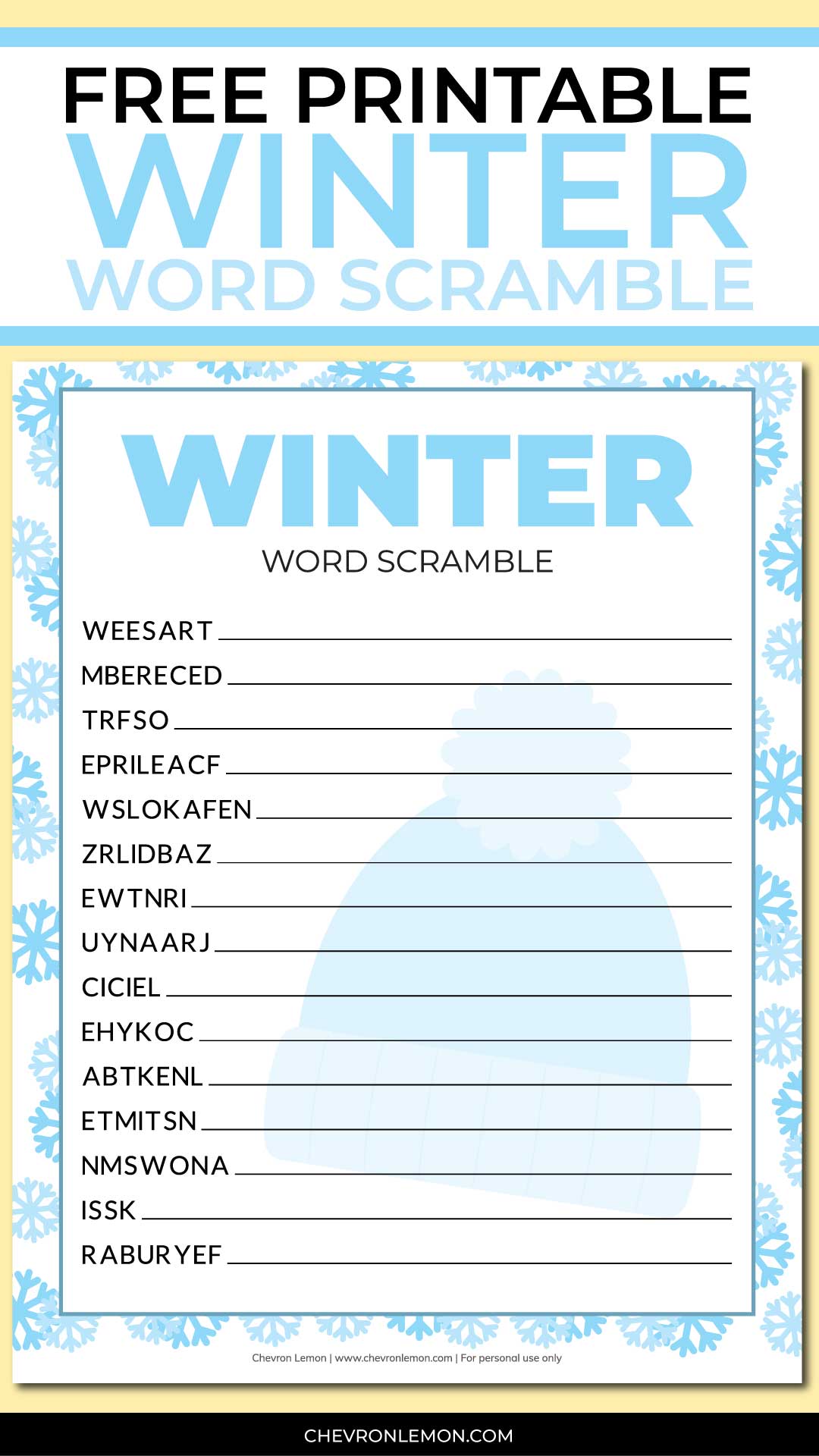 printable winter word scramble - chevron lemon